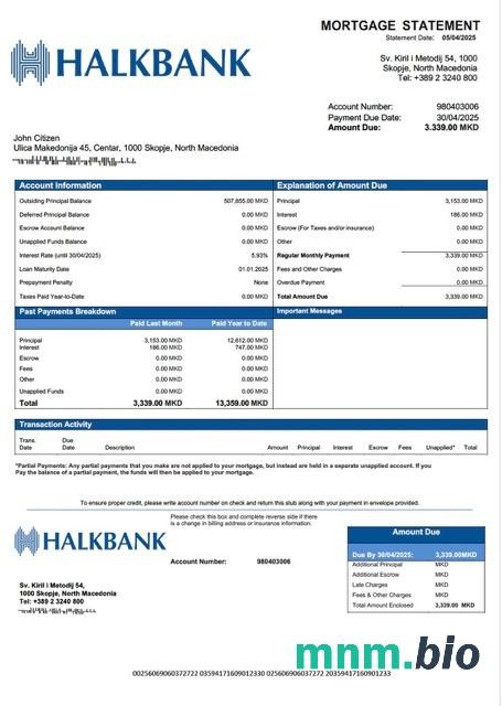Macedonia Północna Halkbank wyciąg z kredytu hipotecznego szablon Word i PDF